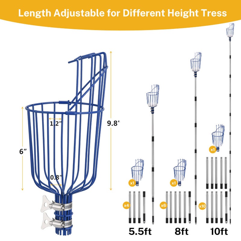 Oak Leaf Fruit Picker, 13 FT Picker Pole with Basket, Length Adjustable Apple Orange Picker Tool Tree Fruit Catcher with Lightweight Stainless Steel Connecting Pole, Foam Pad, 2 Metal Clamp(Upgraded) - Image 3